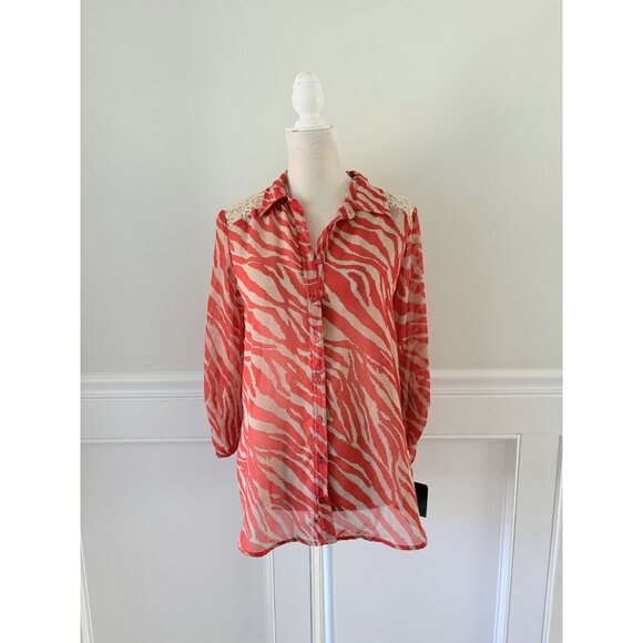 IZ Byer Orange Tan Zebra Print Lace Accent Blouse XL – New With Tags - Picture 1 of 4